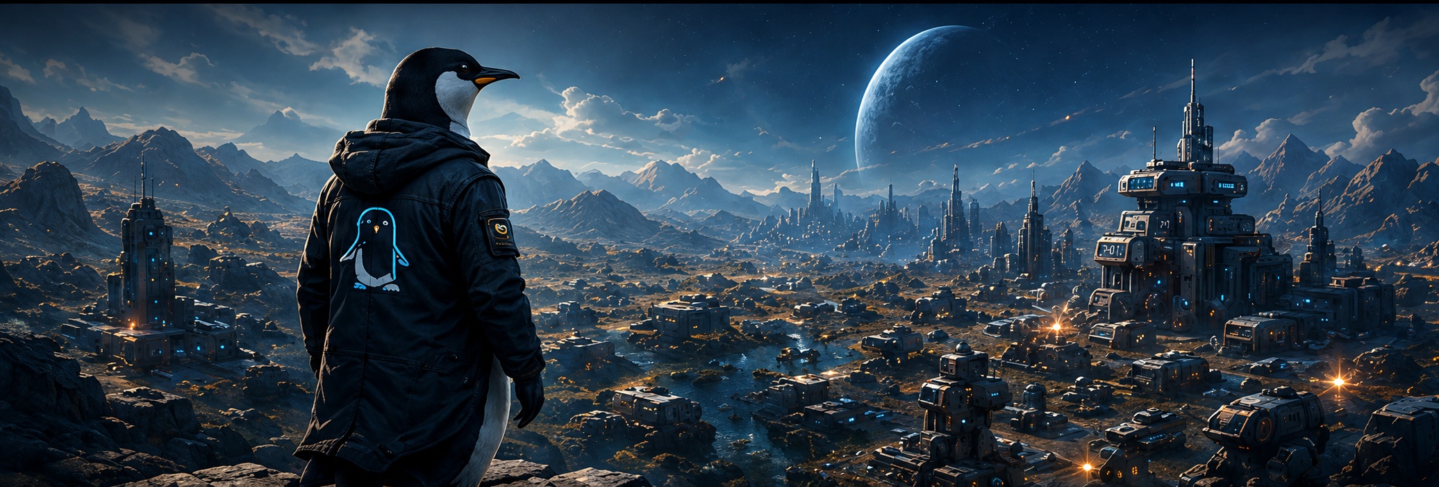 Penguin mascot overlooking a futuristic city